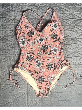 Kona Sol Womens V-Neck One Piece Swimsuit Pink Floral Cinch Side Bathing Suit L